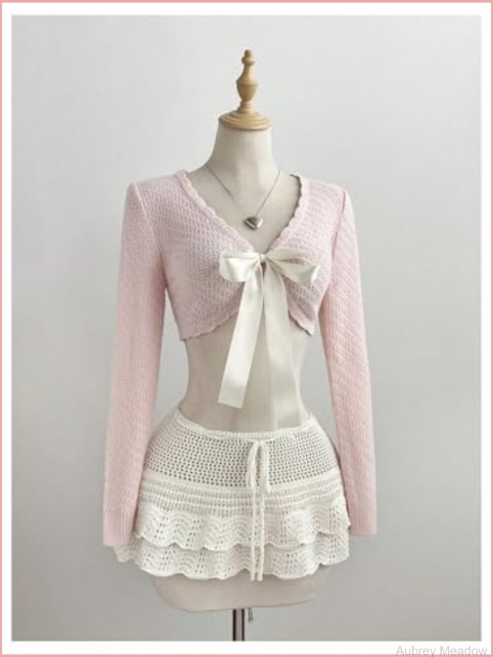 Crochet Knit Cardigan Sweater - V Neck Bow Tie Front Scalloped Trim Cropped - Picture 5 of 6